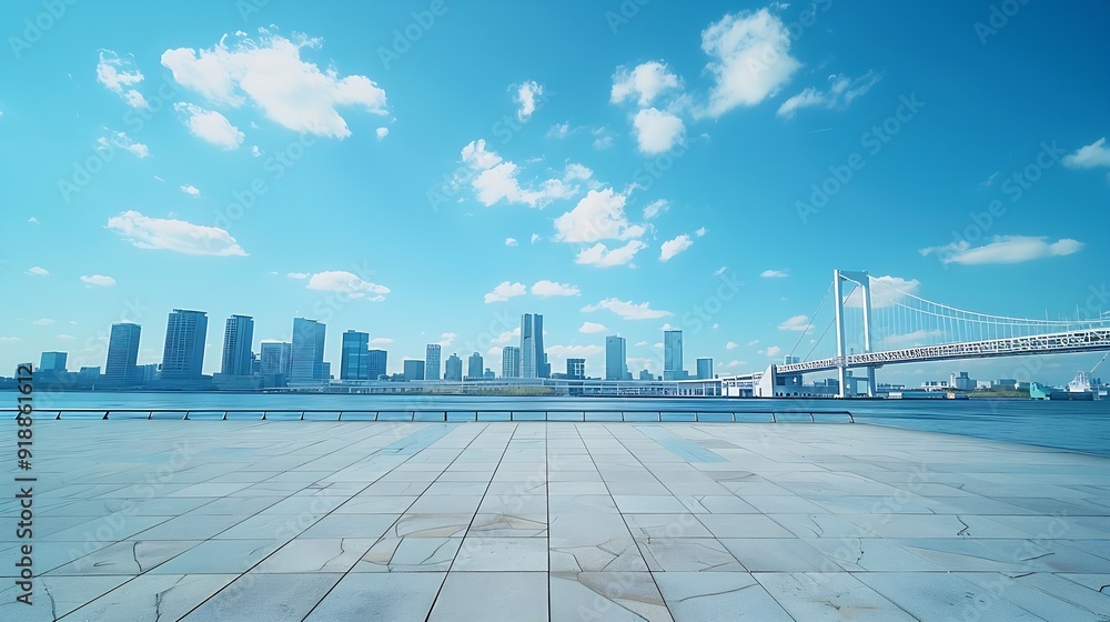 Aufkleber empty square floor and bridge with city skyline under blue sky : generative ai