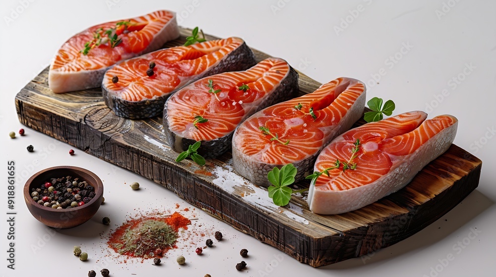Poster wooden board with raw salmon steaks and different spices on white background : generative ai