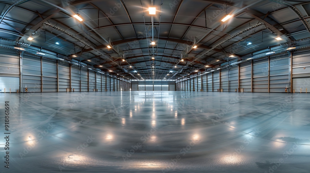 Poster full seamless spherical hdri panorama 360 degrees in interior of large empty room as warehouse hanga