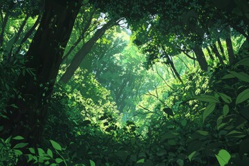 Fototapeta premium A peaceful rainforest canopy with layers of green leaves and distant birds. The atmosphere is inviting and cozy vibe, Generative AI