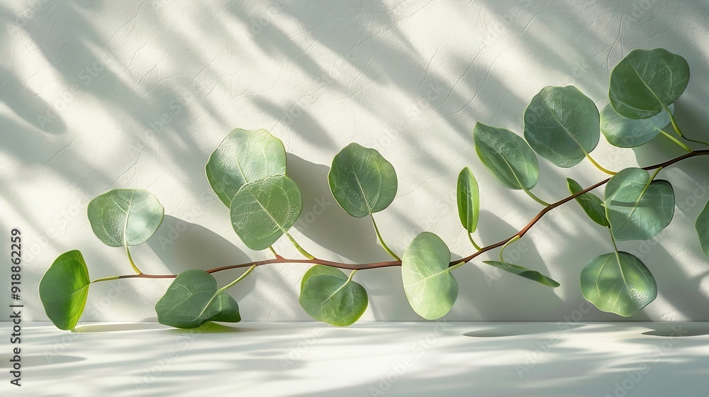 Aufkleber Green eucalyptus branch with shadows on empty light grey background Backdrop for natural product presentation Eco beauty cosmetic advertising display mockup Minimal still life scene Fr : Generative AI