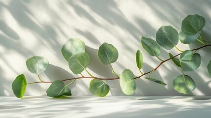 Green eucalyptus branch with shadows on empty light grey background Backdrop for natural product presentation Eco beauty cosmetic advertising display mockup Minimal still life scene Fr : Generative AI