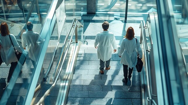 Business people and doctors on landing of stairs : Generative AI - Powered by Adobe