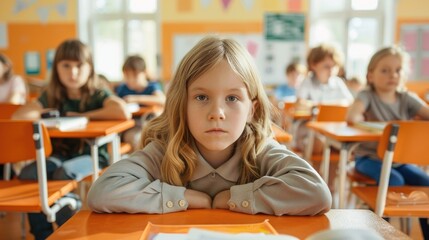 A young girl sits at her desk in an elementary school classroom, looking bored and tired
