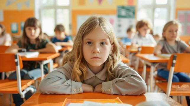A young girl sits at her desk in an elementary school classroom, looking bored and tired