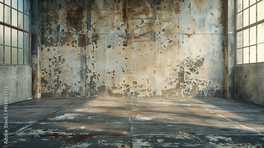 Poster empty warehouse room with grungy stucco concrete wall floor room as background corner of old grunge 