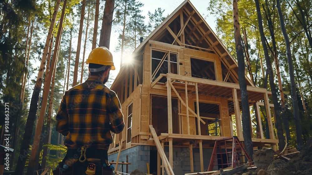 Poster worker building wooden twostory house near the forest man in work clothes and hard hat reviewing the