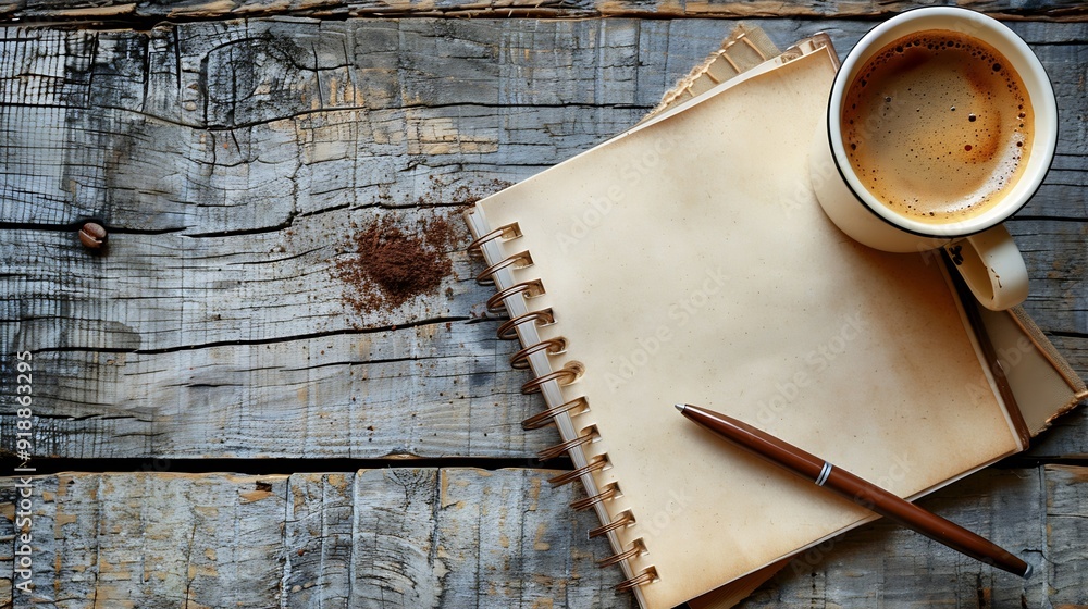 Poster Cup of coffee with notepad and brown pen on wooden table top view copy space : Generative AI