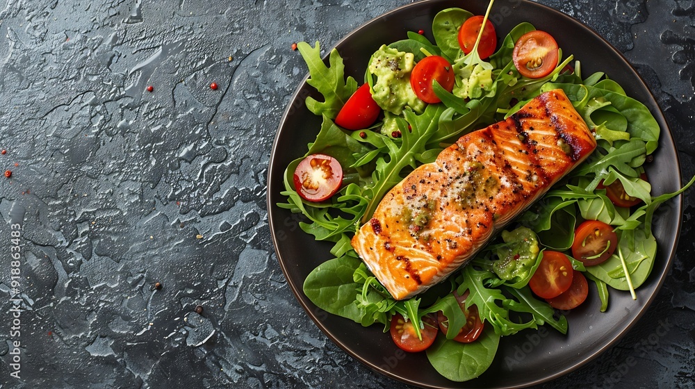 Aufkleber grilled salmon fish fillet and fresh green lettuce vegetable tomato salad with avocado guacamole top