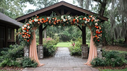 Outdoor wedding arch draped in flowers and ribbons.