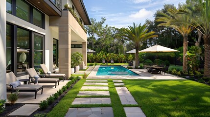 Obraz premium Florida USA September Backyard of a modern house with swimming pool artificial grass stone path trees chairs and an umbrella : Generative AI