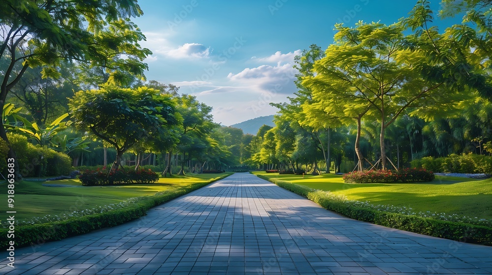 Aufkleber empty street at the nice and comfortable garden background with nice blue sky : generative ai