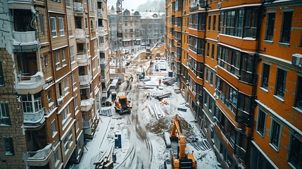 the construction site of an apartment building in the winter from a height : Generative AI