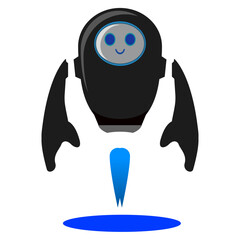 vector design of friendly smiling robot flying with blue fire rocket