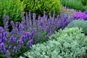 Obraz premium Diverse herb garden with blooming lavender, sage, and mint plants, highlighting their rich colors and textures.