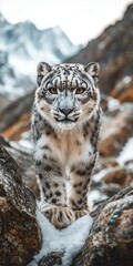 Obraz premium Snow leopard walking in snowy mountain landscape gracefully.