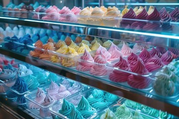 Fototapeta premium Selection of various flavored ice creams in a display case at a shop
