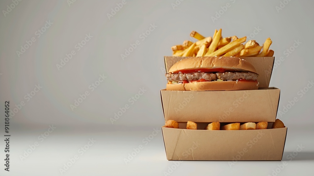 Poster stack of fast food boxes on white background : generative ai