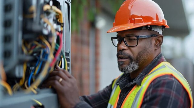 An engineer worker working on an air conditioner unit is donning a safety vest and hard helmet.
