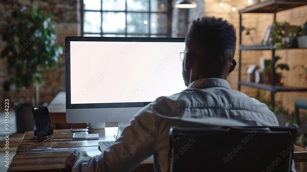 Aufkleber unrecognizable black businessman using computer with empty blank screen sitting at workplace in offi