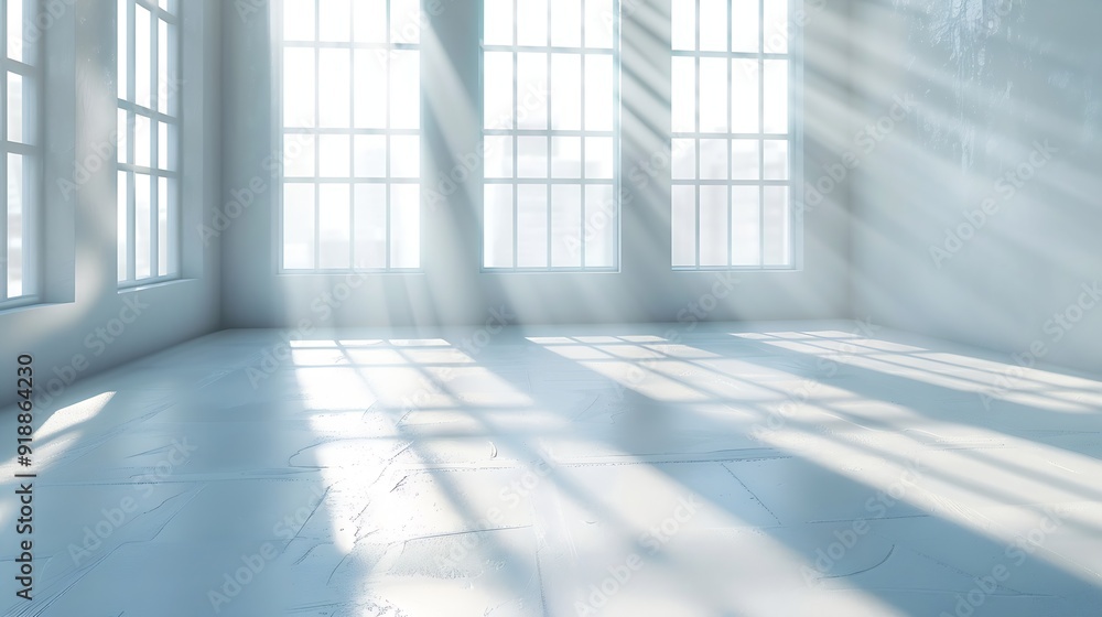 Poster abstract white studio background for product presentation with window shadows and sunlight blurred b