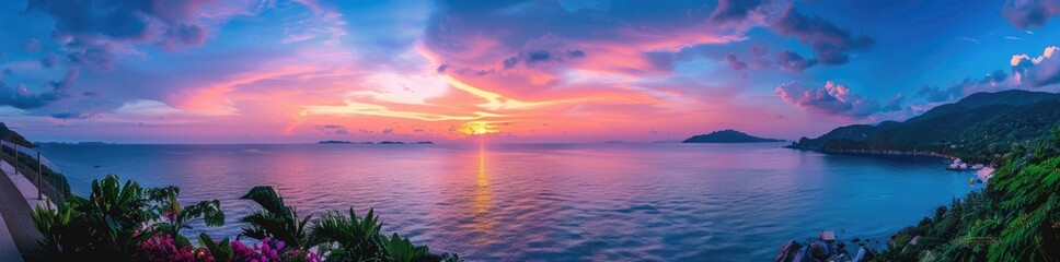 Obraz premium Sunset Over the Ocean with Lush Green Foliage