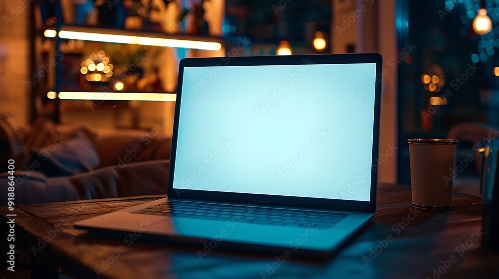 Poster laptop computer blank screen on table : generative ai