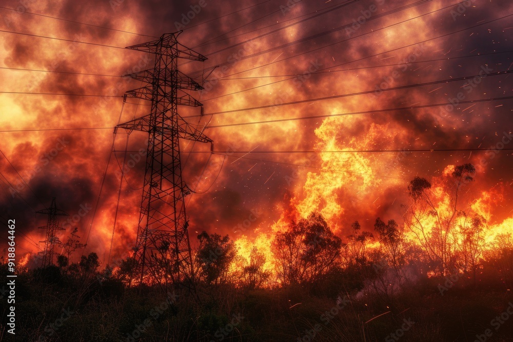 Poster a fire burns in an open field with power lines running along the horizon
