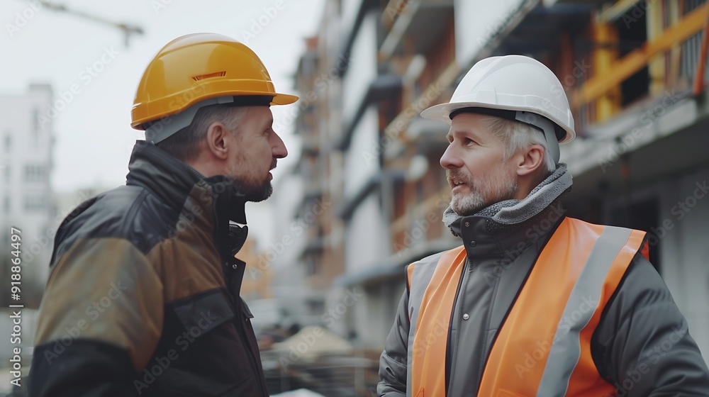 Poster Engineer and foreman worker checking project at precast factory site Engineer and builders in hardhats discussing on construction site : Generative AI