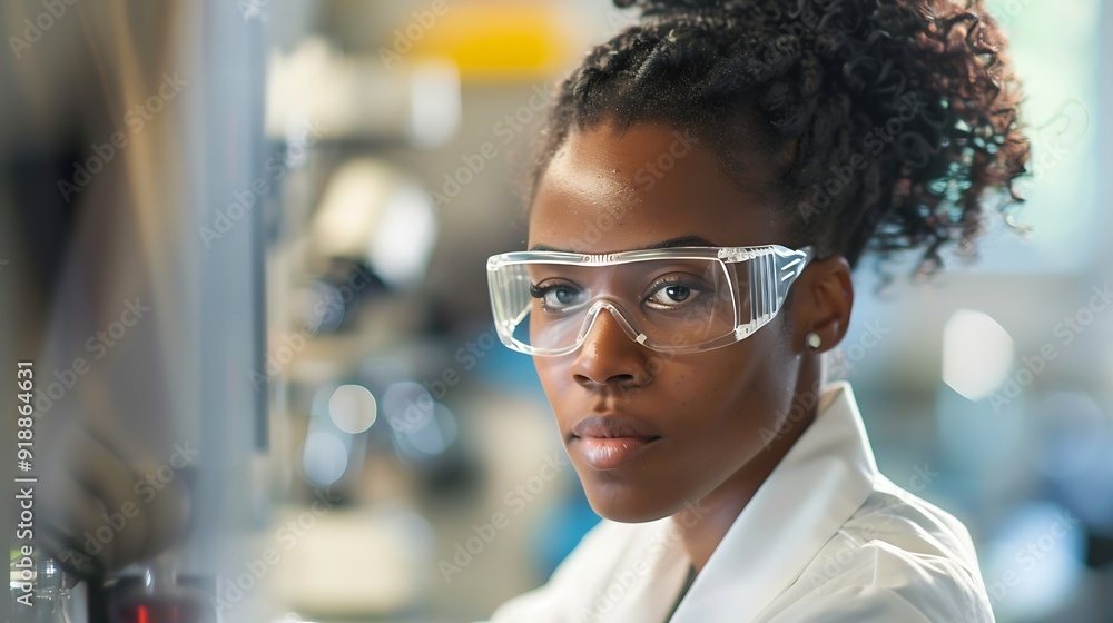 Poster a focused african american woman scientist working on a computer in a laboratory setting : generativ