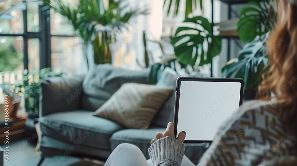 Poster mockup image of a woman holding and using mobile phone with blank desktop white screen at home : gen