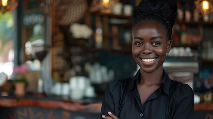 Fototapeta premium Happy black woman cafe and owner by door of small business in confidence for management Portrait of young African female person or waitress smile with arms crossed of professional at c : Generative AI