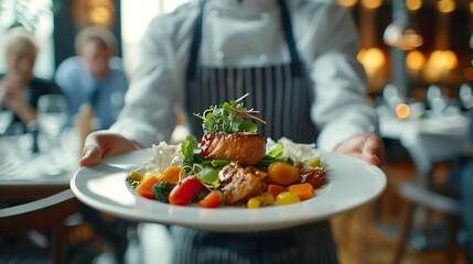 Naklejka premium Fine dining food and waiter serving at a restaurant for a luxury valentines day or anniversary meal Formal hospitality service and server with a plate or dish for a fancy special dinne : Generative AI