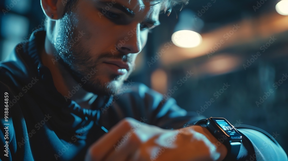 Aufkleber Mid adult man using smart watch during training Heart monitor beats with wristwatch smart watch or future data on healthcare technology in use of smart watch for health condition : Generative AI
