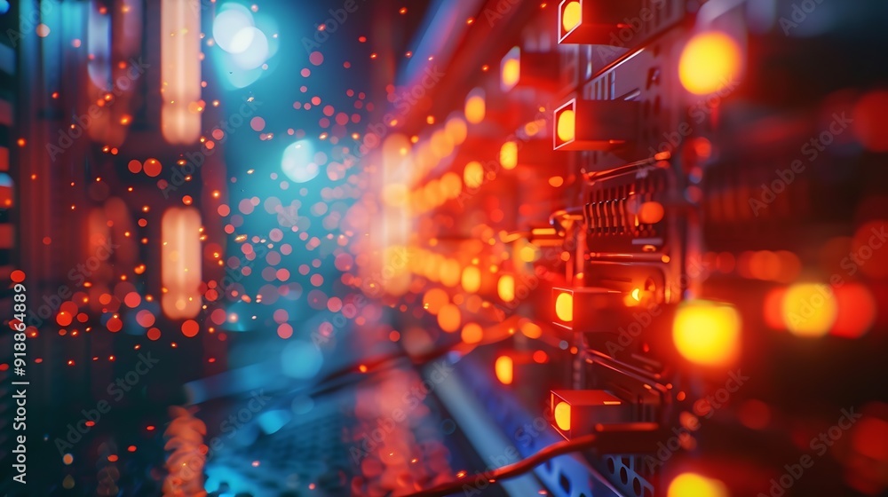 Poster blur technology data center room defocus fiber optic cable and network router switch in data center room for background and wallpaper : Generative AI