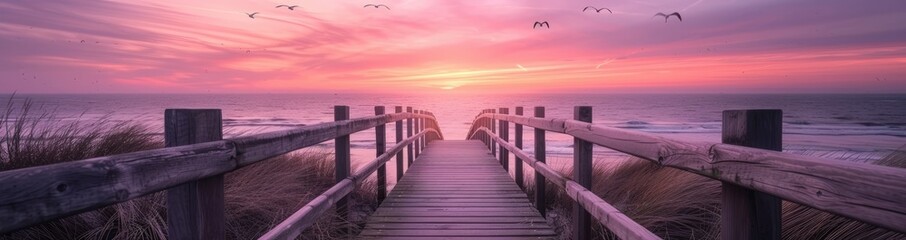 Obraz premium Sunset Over Wooden Path on Beach