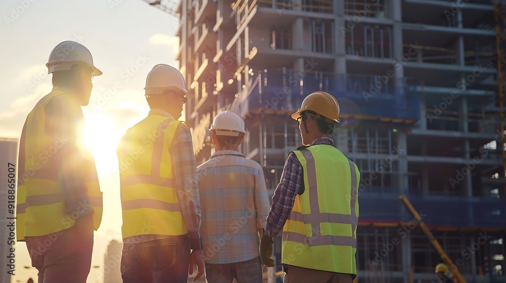 Poster a team of construction engineers talks to managers and construction workers at the construction site