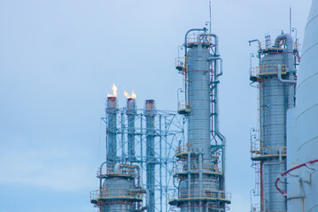 Methane Gas Fire High Flare Stack Flaring Tower Platform in Refinery Petroleum Plant or Flame Burn...