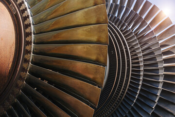 Turbine Blades, High Precision Engineering. Large Fan Stack Layer Metal Part Rotor In Jet Engine Or Steam Power Plant. © Quality Stock Arts