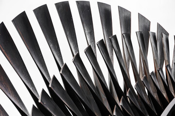 Turbine Blades, High Precision Engineering. Large Fan Stack Layer Metal Part Rotor In Jet Engine Or Steam Power Plant.