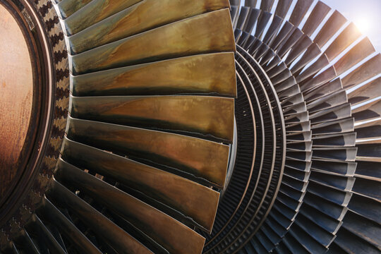 Turbine Blades, High Precision Engineering. Large Fan Stack Layer Metal Part Rotor In Jet Engine Or Steam Power Plant.