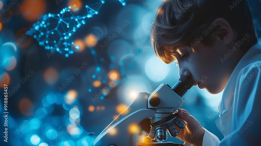 Aufkleber Composition of boy using microscope in science class with blue blurred copy space to right education and science research concept digitally generated image : Generative AI