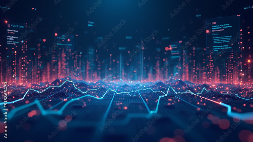 Poster futuristic 3d data visualization with colorful financial charts and graphs