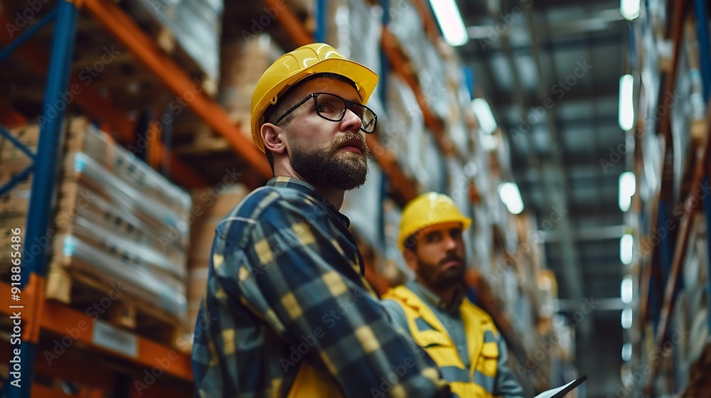 Aufkleber Portrait of engineers workers planning and talking in empty warehouse to design the arrangement of product shelves Team foreman talk details work : Generative AI