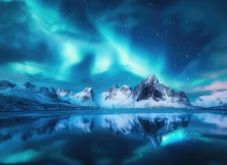 Naklejka premium Northern Lights Reflecting on a Tranquil Lake