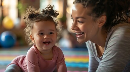 Fototapeta premium Mother smiling at baby while performing exercise above Group exercise class fitness or pilates for parents Moms staying active while boding with babies : Generative AI