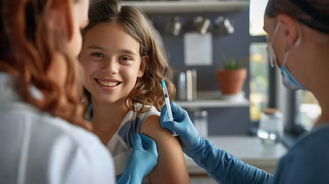 Doctor pediatrician injecting vaccine into teenage girl arm Concept of preventive health care and vaccination for teenagers : Generative AI