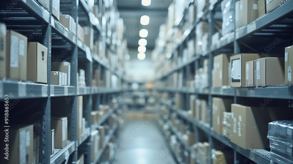 Poster rows of shelves with boxes in the factory warehouse a perfectly white clean warehouse smooth boxes s