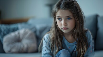 Naklejka premium One sad girl sits in anxiety and despair on sofa at home Concept of bullying depressive stress or disappointment sadness Child abuse : Generative AI