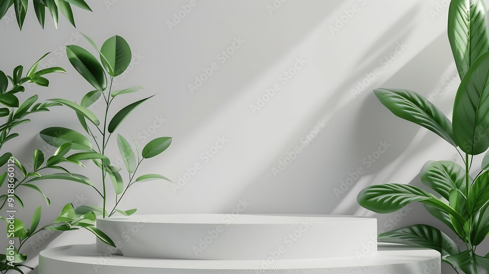 Aufkleber creative concept of minimalism with leaf and plaster podium blank space on white podiums for present